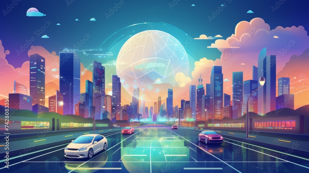 Social networking city and town with automation car on the world symbols moving from buildings to cloud using wifi. Vector illustration, penology, communication, generation, modern, - obrazy, fototapety, plakaty 