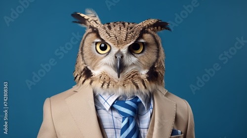 Anthropomorphic owl in business attire in corporate workplace, studio shot with copy space