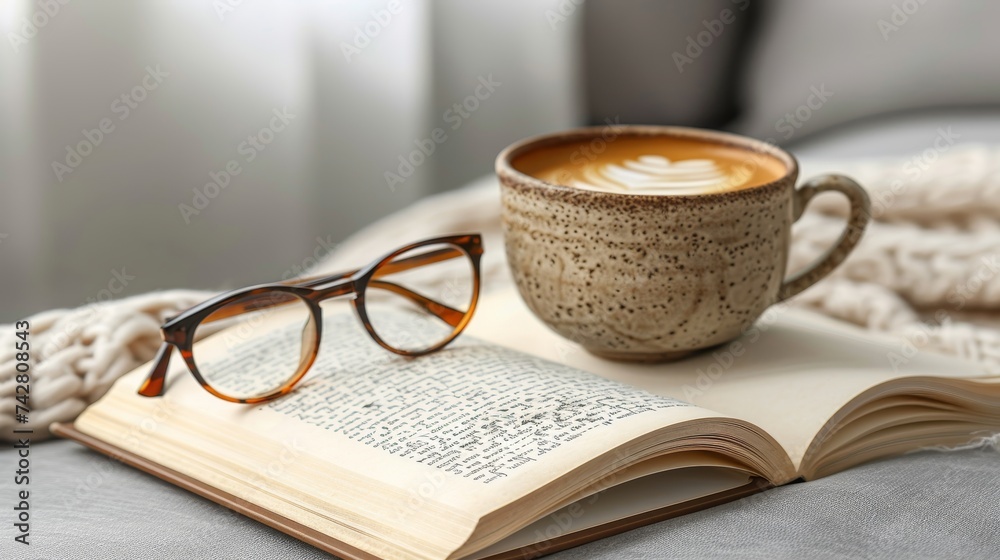Cozy hygge beige sweater, tea mug, book, glasses on gray bed for comfortable home vibes Cozy hygge beige sweater, tea mug, book, glasses on gray bed for comfortable home vibes