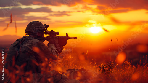 Soldier shooting with his rifle at sunset.generative ai