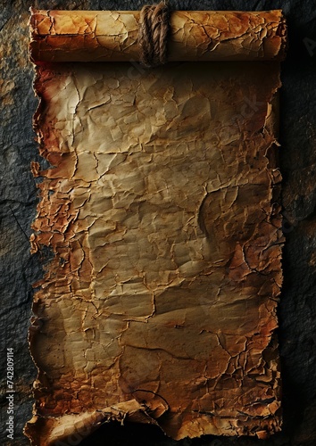 Old paper scroll on grunge textured background.
