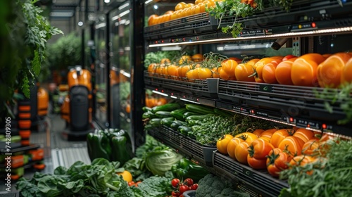Fresh vegetable warehouse, vegetable store. Various vegetables and green crops lying on the shelves.
