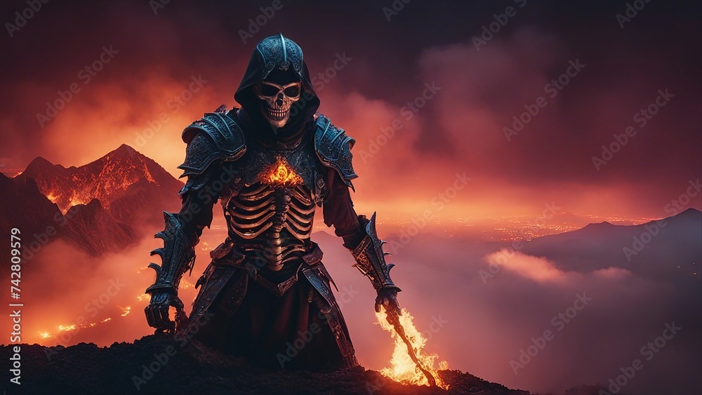 highly intricately photograph of Burning  dragon demon skeleton knight over volcano 