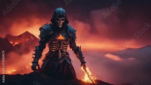 highly intricately photograph of Burning dragon demon skeleton knight over volcano 