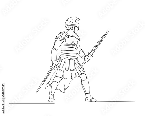 Continuous one line drawing of roman warrior knight holding sword. Gladiator single outline vector illustration. Editable stroke.