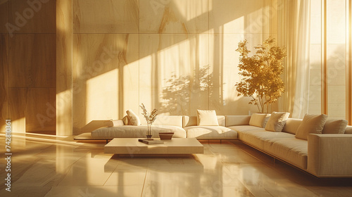 A serene living room bathed in the warm glow of sunset, casting long shadows on minimalist furniture and polished surfaces. The play of light creates a tranquil ambiance, emphasizing the subtle textur