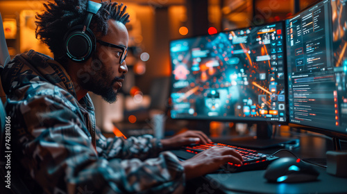 Back view of Gamer playing online video game on his powerful personal computer at home.