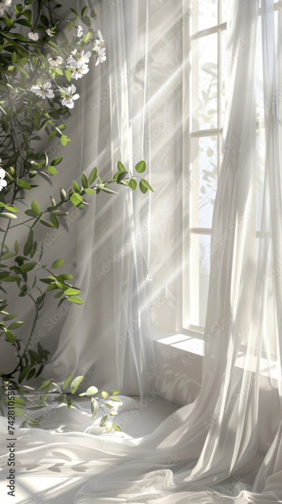 Big window in luxury house decorated with white curtain and spring flowers , light, calm and minimalistic elegant interior, modern spring sommer decoration Big window in luxury house decorated with white curtain and spring flowers , light, calm and minimalistic elegant interior, modern spring sommer decoration