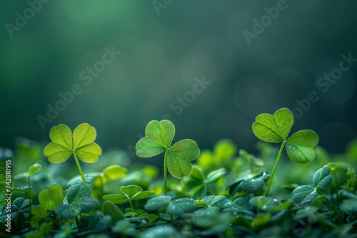 Green background with three-leaved shamrocks, Lucky Irish Four Leaf Clover in the Field for St. Patricks Day holiday symbol. with three-leaved shamrocks, St. Patrick's day holiday symbol. © arhendrix