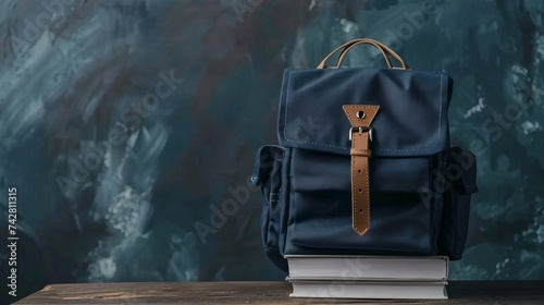 The back-to-school concept with an illustration of a school backpack filled with books against a chalkboard background. Generative AI technology © aimanjunoh