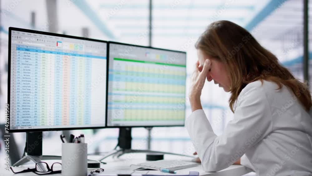 Unhappy Medical Doctor Doing Spreadsheet Codes