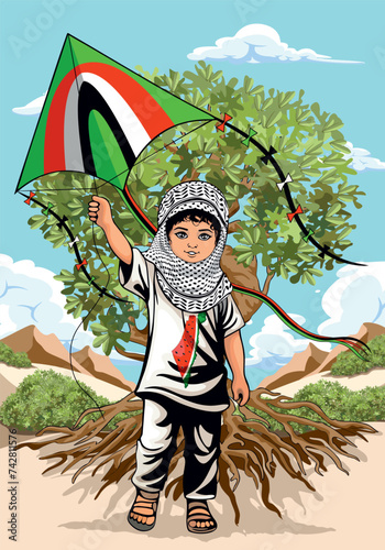 Child from Gaza, little Boy with Keffiyeh and holding a flying kite symbol of free Palestine Vector illustration isolated on White