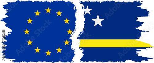 Curacao and European Union grunge flags connection vector