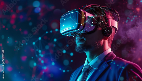 A tech-savvy businessman is using a VR headset to explore and interact with digital data in a modern office setting - wide format