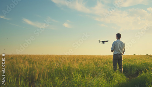 person in the field with a flying drone