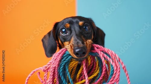 dog chewing a colorful rope  isolated on white background photo