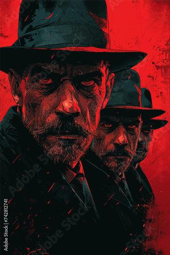 Mobsters with evil faces,  psychedelic style