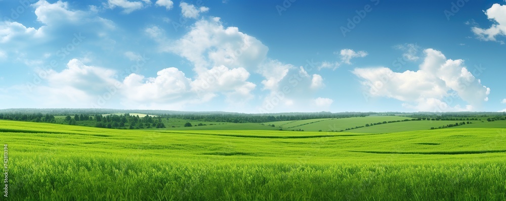 panorama of green field with flowers during daytime with clear blue sky and clouds.