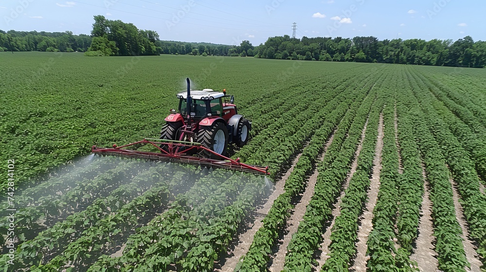Obraz premium Agricultural tractor spraying pesticides on a lush soybean field in the countryside