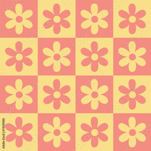 Simple seamless checkered pattern with flowers. Vector graphics.