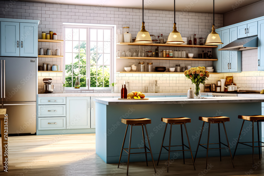 A chic and trendy kitchen recently renovated in a refreshing light blue hue, showcasing modern sophistication and inviting ambiance for culinary creativity.