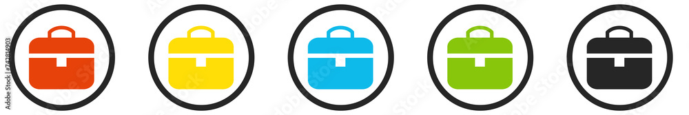 Job oder Aktentasche Icons im Kreis in rot, gelb, blau, grün und schwarz