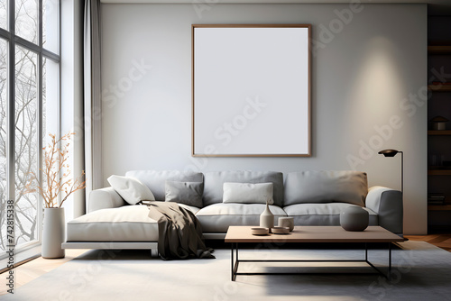 Frame on the wall mock up. Living room with modern couch. Generative AI