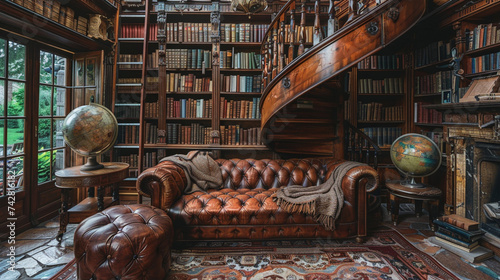 A vintage library with a spiral staircase, a leather sofa, and a globe. The staircase leads to a second floor where there are more books and a balcony. The sofa is brown and has some cushions and a bl