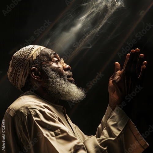 Very old bearded Muslim man at his 80's with a prayer cap praying to Allah at his home on his prayer in Ramadan month photo