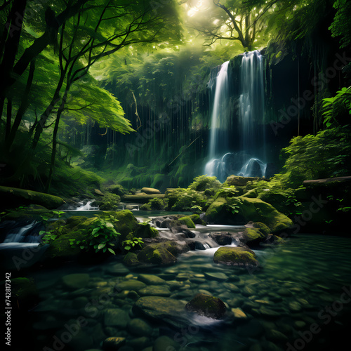 A majestic waterfall in a lush green forest.