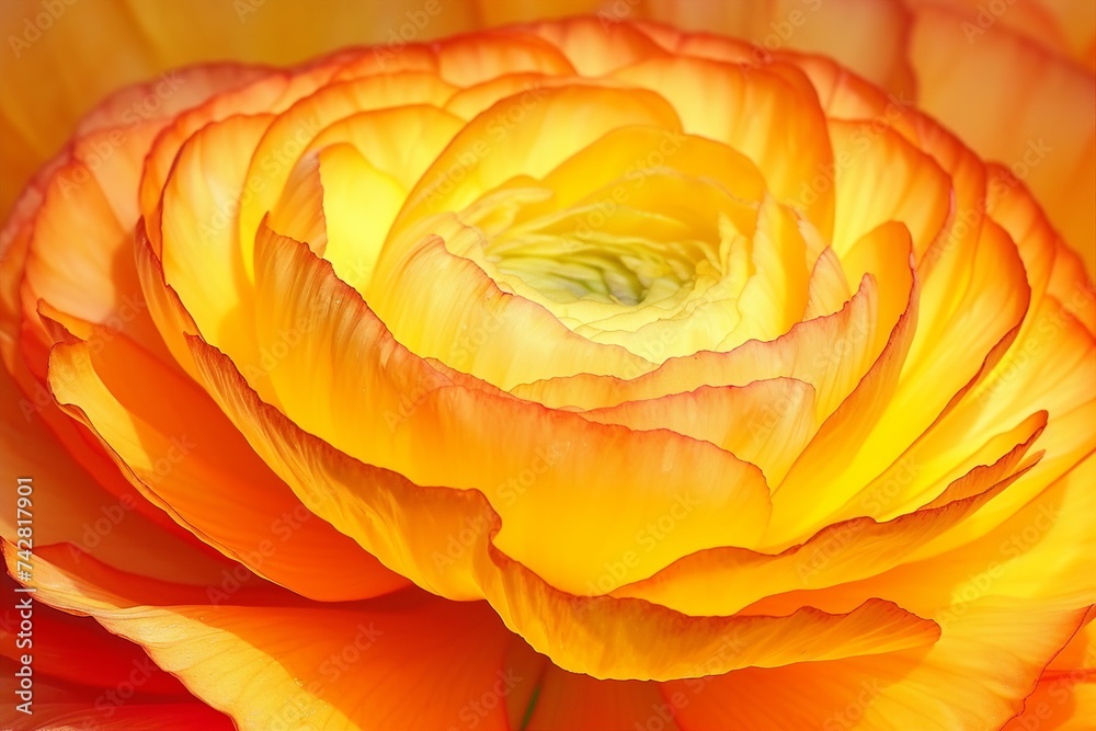 Close up of a yellow and red ranunculus flower. generative ai. Close up of a yellow and red ranunculus flower. generative ai.
