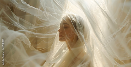 Bride, elegant white wedding dress, veil, castlebackground, soft sunlight, ethereal beauty