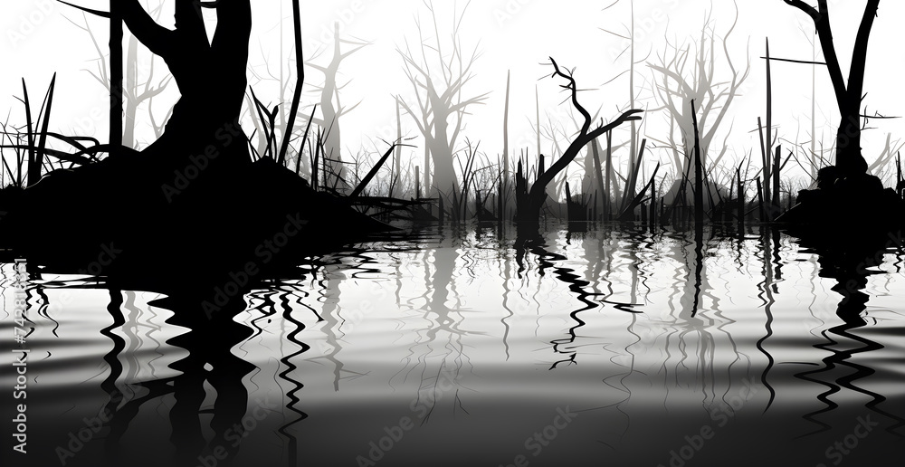 a silhouette of wildlife in a mangrove, reflection of a tree with its roots and some animals in the environment