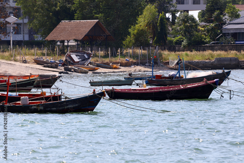 Coastal fishing boats in the sea of fishing village villagers.