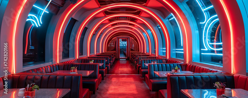 Futuristic diner serving Peking Duck and Greek Salad on a spaceship with geometric neon art on the walls..