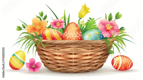 Basket with easter eggs and flowers vector illustration