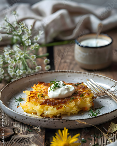 A delicious piece of potatoe rosti - Food design theme photo