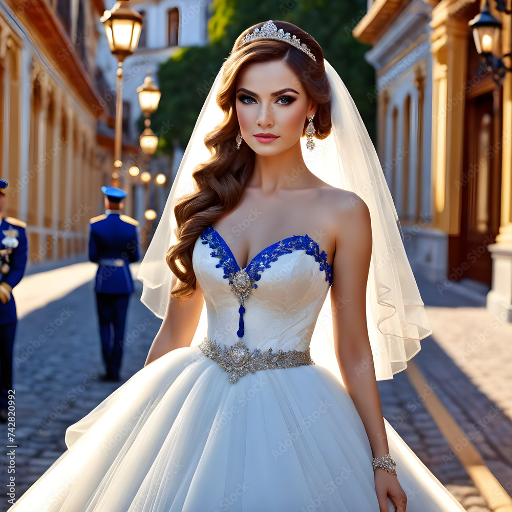 Naklejka premium bride in a white dress on the street | Bridal white dress | Outfit of a bride in white color | Bridal look with blond hair