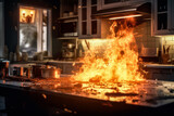 A dramatic scene unfolds as flames engulf a kitchen, billowing thick smoke into the air. The intense fire creates a chaotic and dangerous situation in the cooking area.