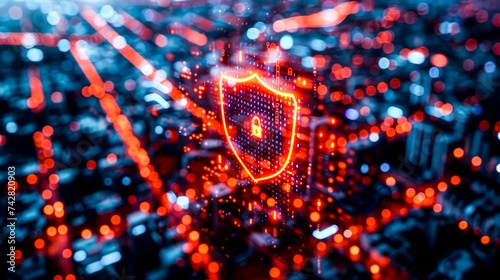 Cybersecurity shield enveloping a digital city neon codes as barriers