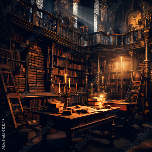 Ancient library with dusty books and dim light.