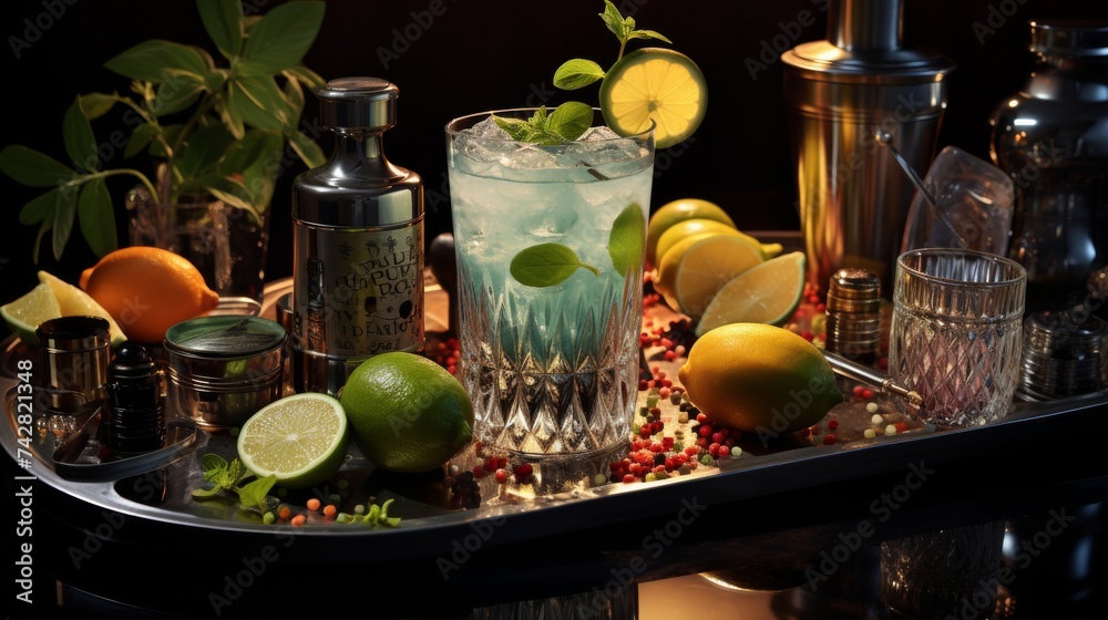 Glass of Water and Lemons on Tray Glass of Water and Lemons on Tray