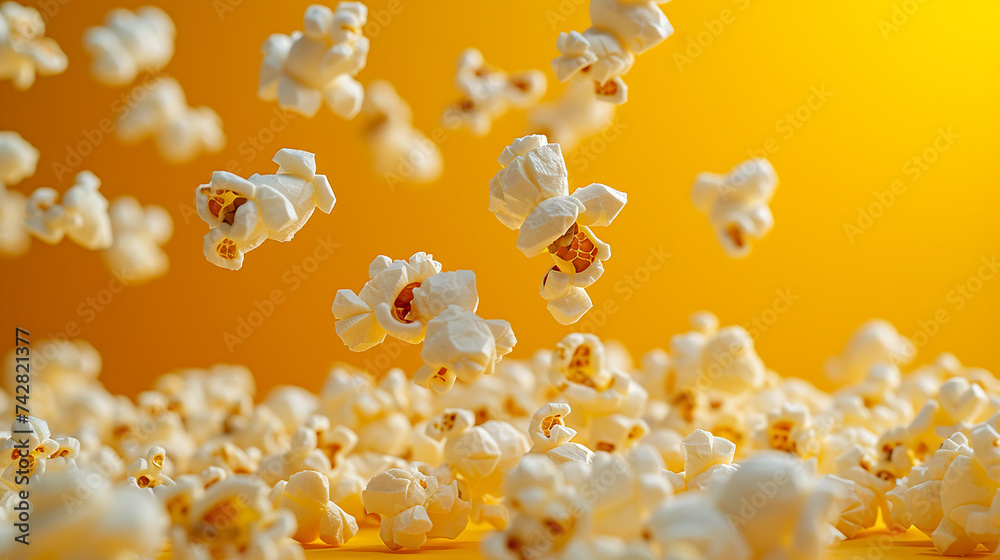 flying popcorn on a yellow background. popcorn in motion, cinema theme, fun flying popcorn on a yellow background. popcorn in motion, cinema theme, fun