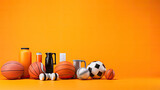 Sport equipment on color background