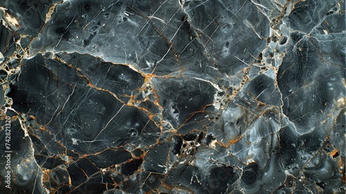 Abstract background of marble slab with interweaving black and gray shades with added gold powder. Black marble slab or grunge stone