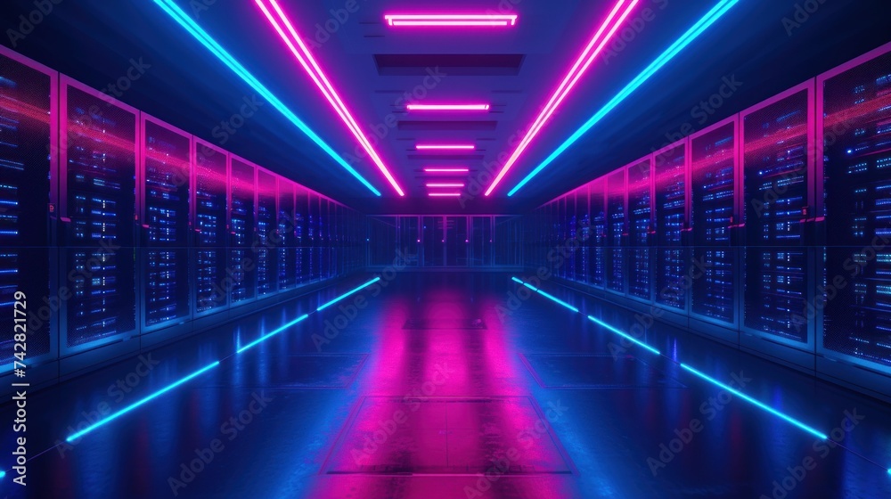 A high-tech data center illuminated by striking neon blue and pink lights, showcasing a modern network infrastructure.