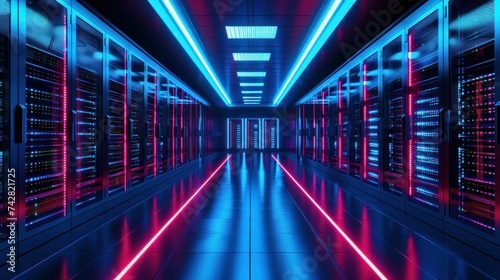 Illuminated by striking neon blue and pink lights, a high-tech data center proudly showcases its modern network infrastructure.