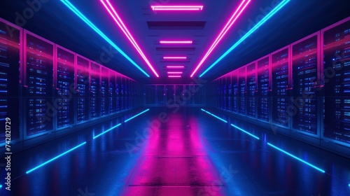 A high-tech data center illuminated by striking neon blue and pink lights, showcasing a modern network infrastructure.