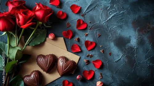 Red roses with a love letter, heart-shaped chocolates, and scattered petals on a dark background, perfect for Valentine's Day.