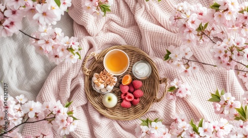 A relaxing spring picnic setup with a cup of tea, fresh raspberries, yogurt, and star anise on a wicker tray surrounded by cherry blossoms.